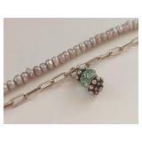 Sterling Silver Pearl Bracelet with Green Stone Charm