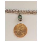 Sterling Silver Pearl Bracelet with Green Stone Charm