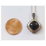 Sterling Silver Necklace with Black Stone Pendant