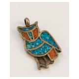 Native American Sterling Silver Owl Pendant with Turquoise