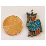 Native American Sterling Silver Owl Pendant with Turquoise