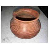 Terracotta Pot With Ringed Banding - Bulbous Hand-thrown Vase, ~6 in tall