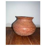 Terracotta Pot With Ringed Banding - Bulbous Hand-thrown Vase, ~6 in tall