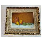 Linister 1965 Still Life Oil Painting - Pears & Grapes in Ornate Gold Frame