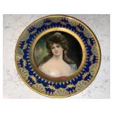 Decorative Tin Plate with Portrait - 9 in. Diameter, Blue & Gold Border