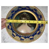Decorative Tin Plate with Portrait - 9 in. Diameter, Blue & Gold Border