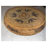 Round Handwoven Seagrass Basket with Lid - Black Bird Motifs, 12 in Diameter