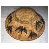 Round Handwoven Seagrass Basket with Lid - Black Bird Motifs, 12 in Diameter
