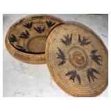 Round Handwoven Seagrass Basket with Lid - Black Bird Motifs, 12 in Diameter