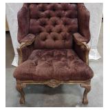 French Louis XV Provincial Style Carved Winged Armchair with Brown Damask Upholstery