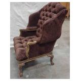 French Louis XV Provincial Style Carved Winged Armchair with Brown Damask Upholstery
