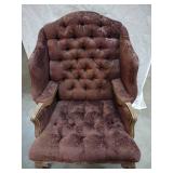French Louis XV Provincial Style Carved Winged Armchair with Brown Damask Upholstery