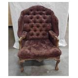 French Louis XV Provincial Style Carved Winged Armchair with Brown Damask Upholstery