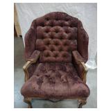 French Louis XV Provincial Style Carved Winged Armchair with Brown Damask Upholstery