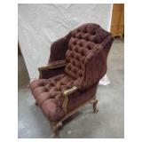 French Louis XV Provincial Style Carved Winged Armchair with Brown Damask Upholstery