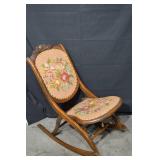 Antique Carved Wood Rocking Chair with Pink Floral Tapestry Upholstery