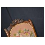 Antique Carved Wood Rocking Chair with Pink Floral Tapestry Upholstery