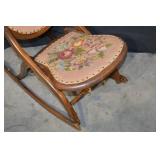 Antique Carved Wood Rocking Chair with Pink Floral Tapestry Upholstery