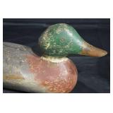 Hand-Carved Wooden Mallard Duck Decoy - Green Head, Painted Surface