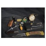 Antique Pocket Watch & Buck Knife Lot with Lighter, Leather Sheath & Split Shot Tin