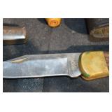 Antique Pocket Watch & Buck Knife Lot with Lighter, Leather Sheath & Split Shot Tin