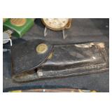 Antique Pocket Watch & Buck Knife Lot with Lighter, Leather Sheath & Split Shot Tin