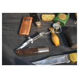 Antique Pocket Watch & Buck Knife Lot with Lighter, Leather Sheath & Split Shot Tin