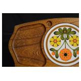 Galley Craft Quality Woodware Serving Tray with Floral Ceramic Inlay