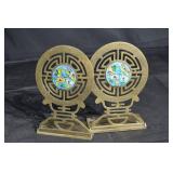 Pair of Brass Chinese Cloisonné Round Medallion Bookends