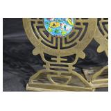 Pair of Brass Chinese Cloisonné Round Medallion Bookends