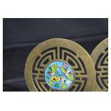 Pair of Brass Chinese Cloisonné Round Medallion Bookends