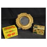 Gold Round Vanity Mirror & Floral Lacquer Boxes - 3-Piece Decor Set