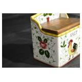 Ceramic Salt Box with Rooster & Floral Design - Wooden Lid