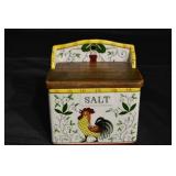 Ceramic Salt Box with Rooster & Floral Design - Wooden Lid
