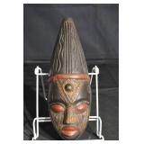 Wooden Carved Mask with Tall Cone Headdress - Dark Finish, Red Lips