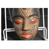 Wooden Carved Mask with Tall Cone Headdress - Dark Finish, Red Lips