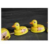 Vintage Duck Pull-Along Toy Set - 4 Yellow Rubber Ducks on Metal Rail
