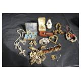 Pearl Necklace & Vintage Costume Jewelry Lot With Brooches, Earrings, Bracelet, Watch, Box & Figurine