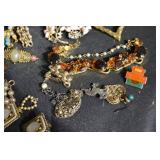 Pearl Necklace & Vintage Costume Jewelry Lot With Brooches, Earrings, Bracelet, Watch, Box & Figurine