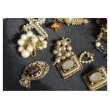 Pearl Necklace & Vintage Costume Jewelry Lot With Brooches, Earrings, Bracelet, Watch, Box & Figurine