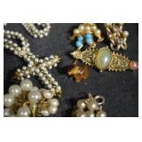 Pearl Necklace & Vintage Costume Jewelry Lot With Brooches, Earrings, Bracelet, Watch, Box & Figurine