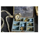 Pearl Necklace & Vintage Costume Jewelry Lot With Brooches, Earrings, Bracelet, Watch, Box & Figurine