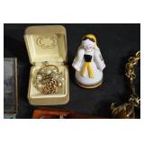 Pearl Necklace & Vintage Costume Jewelry Lot With Brooches, Earrings, Bracelet, Watch, Box & Figurine