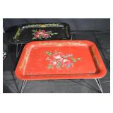Vintage Floral Folding Tray Tables - Red & Black, Set of 2