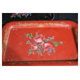 Vintage Floral Folding Tray Tables - Red & Black, Set of 2