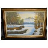 Landscape Painting - Original Art in Gold Frame, Snowy River Scene, 41.5 in W x 29.5 in H
