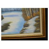 Landscape Painting - Original Art in Gold Frame, Snowy River Scene, 41.5 in W x 29.5 in H