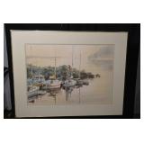 Break Water - Framed Watercolor of Boats in Harbor (36"x28")