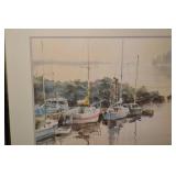 Break Water - Framed Watercolor of Boats in Harbor (36"x28")