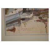 Break Water - Framed Watercolor of Boats in Harbor (36"x28")